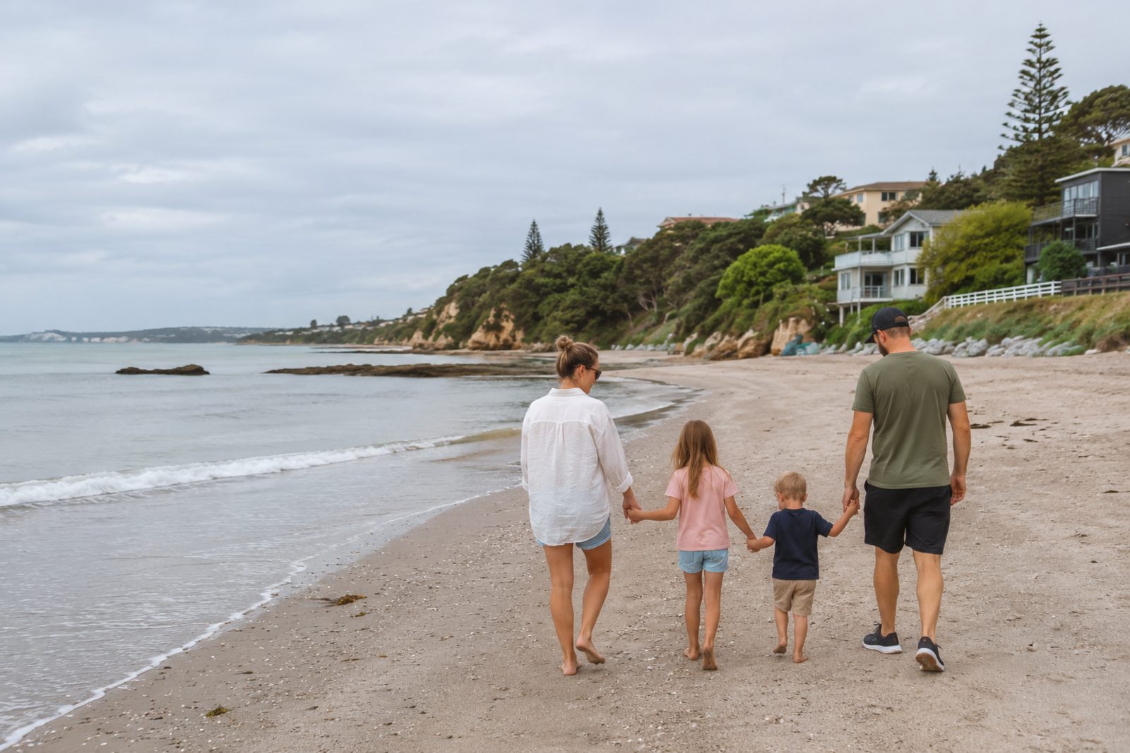 A family of four walking together along a quiet New Zealand beach